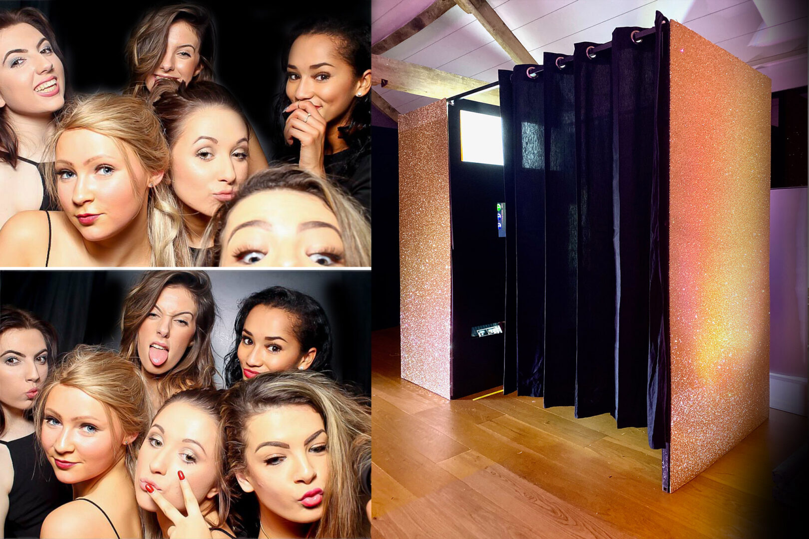 girls in a gold glitter coco photo booth