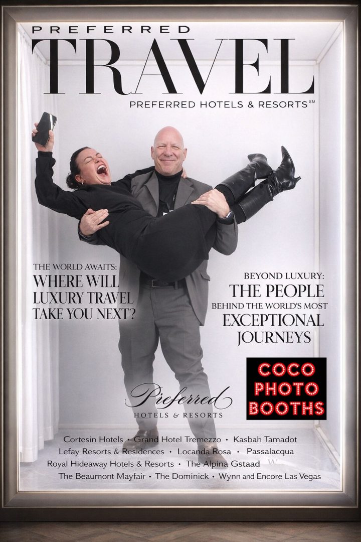 Walk in magazine photo booth travel themed event